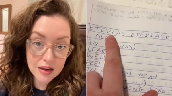 TikTok-користувач стверджує про привида, який передбачав кінець світу (ліворуч), та текстову стенограму розмов (праворуч).